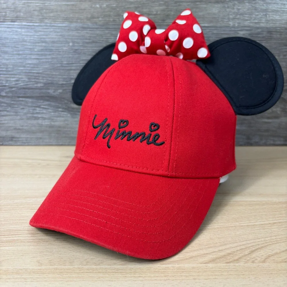 Minnie‎ Mouse Hat Cap Snap Back Womens Red White Bow Ears Polka Dot Disney